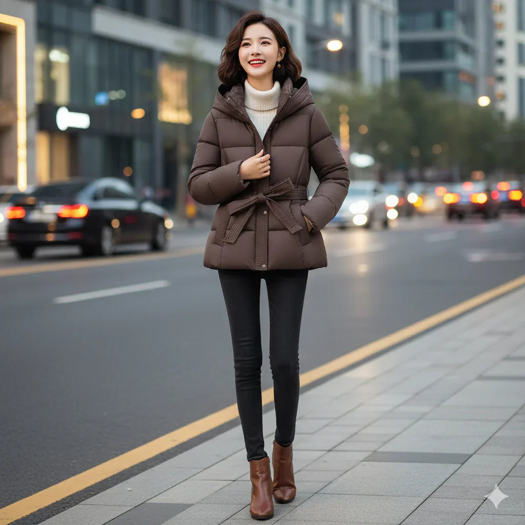 Lång Vinterjacka Dam Fodrad Med Huva