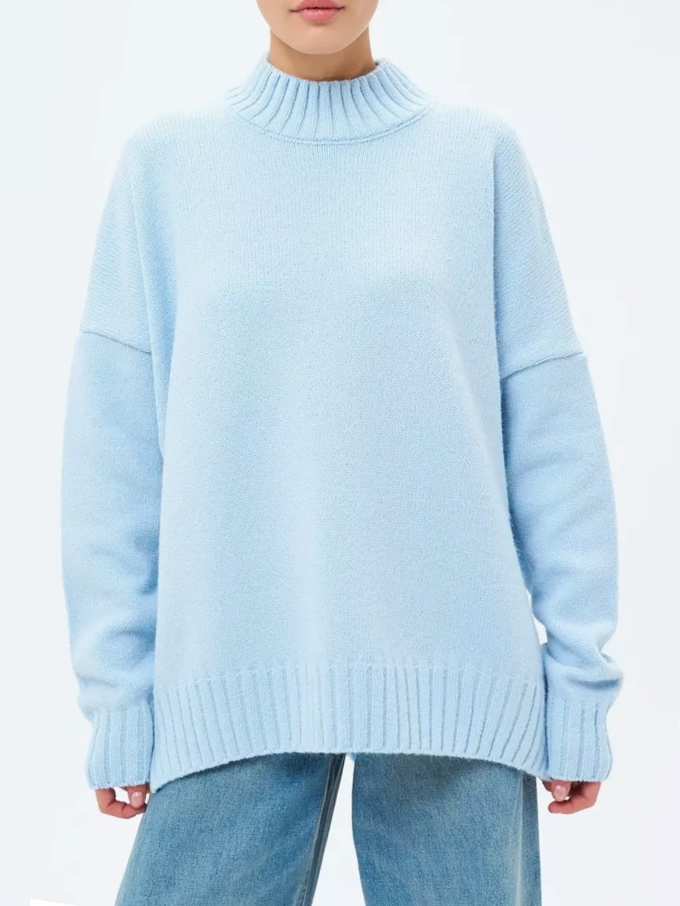 Kvinnors Pullover Tröja – Oversized Passform – Ribbad Stickning – Semi-Hög Hals – Sänkt Axelsöm