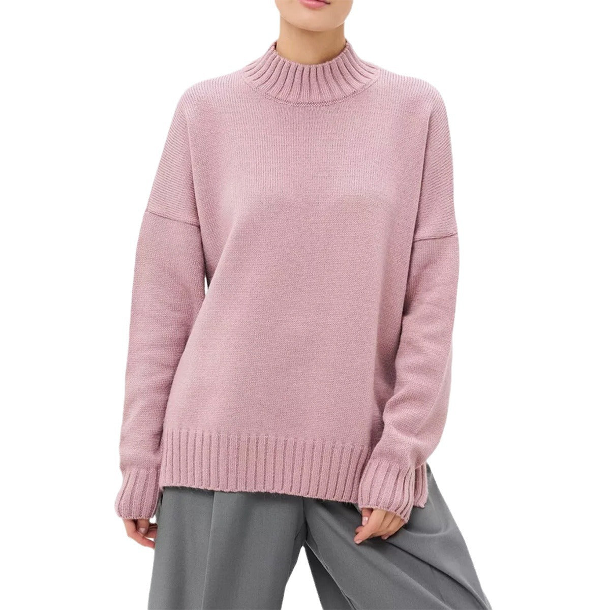 Kvinnors Pullover Tröja – Oversized Passform – Ribbad Stickning – Semi-Hög Hals – Sänkt Axelsöm