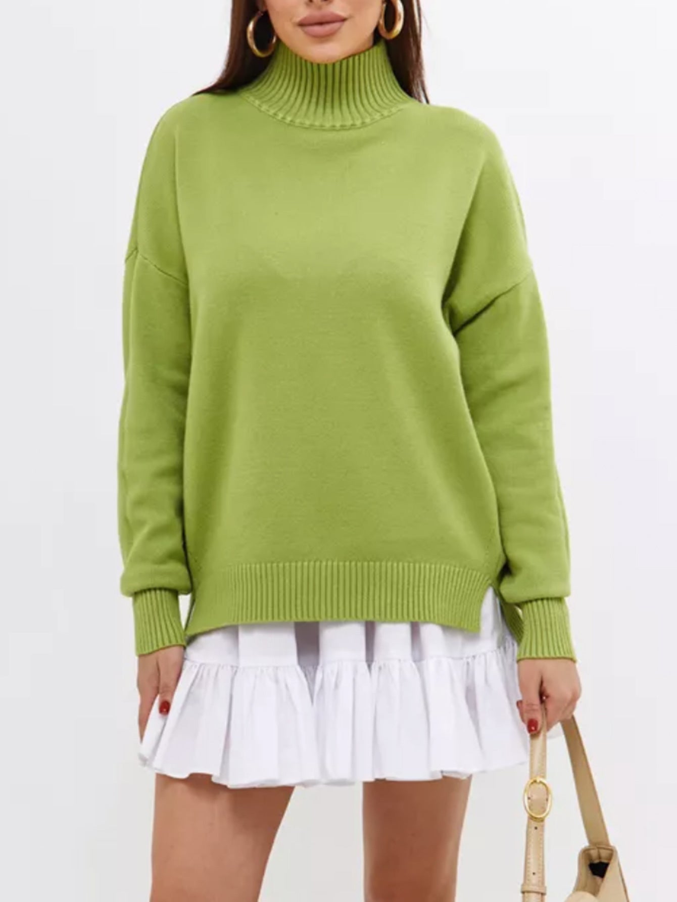 Kvinnors Pullover Tröja – Oversized Passform – Ribbad Stickning – Semi-Hög Hals – Sänkt Axelsöm