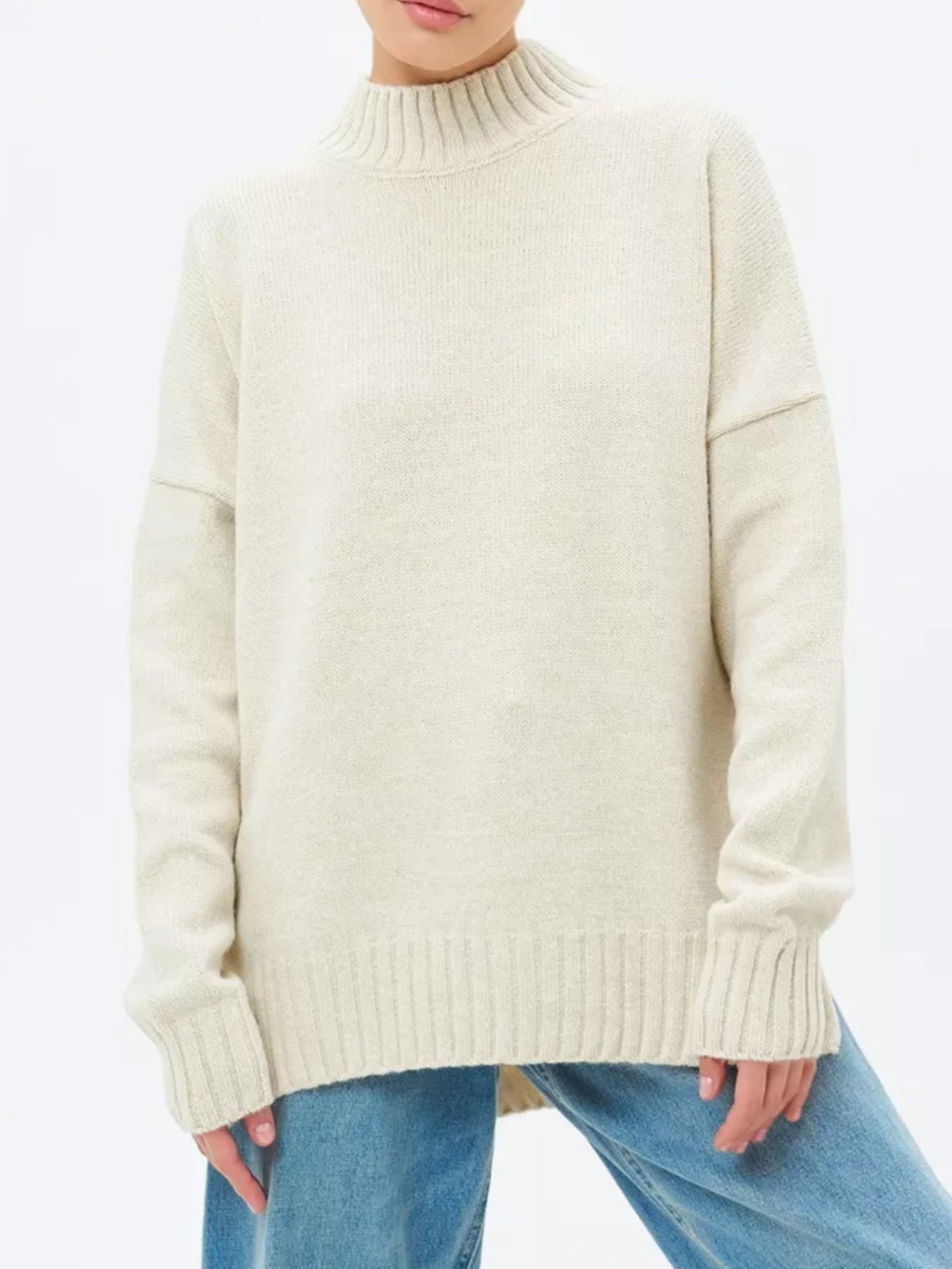 Kvinnors Pullover Tröja – Oversized Passform – Ribbad Stickning – Semi-Hög Hals – Sänkt Axelsöm