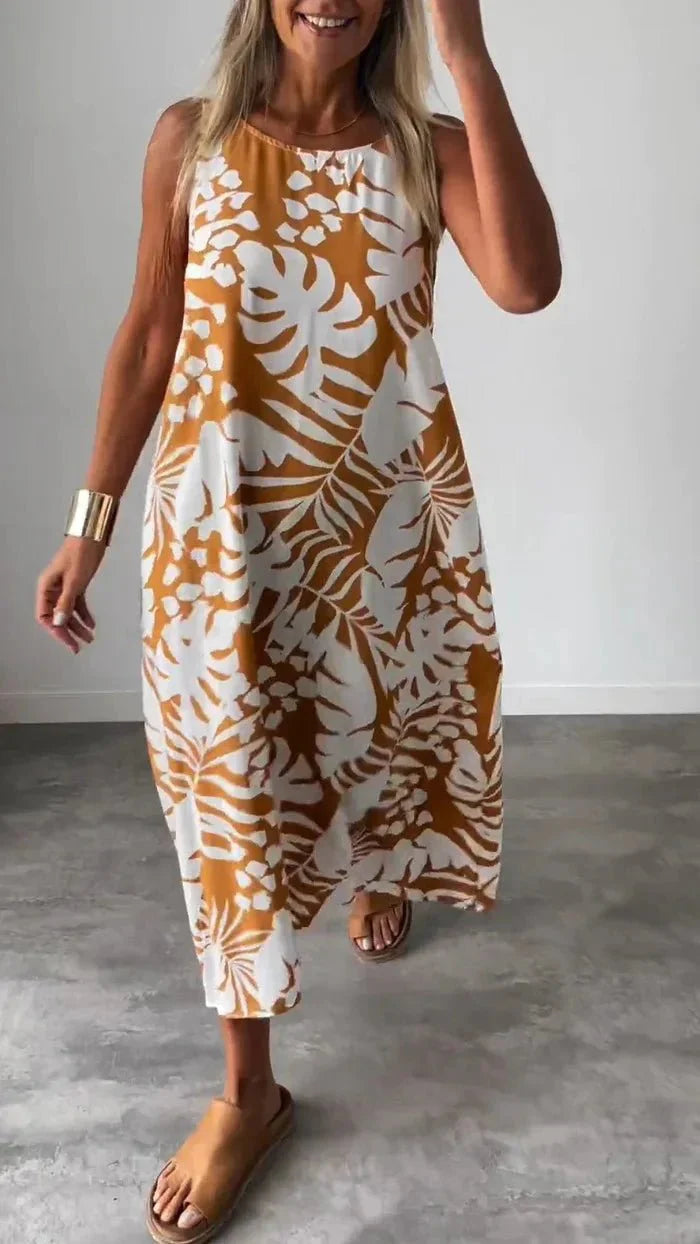 Anita - Ärmlös Sommarklänning med Tropiskt Bladmotiv