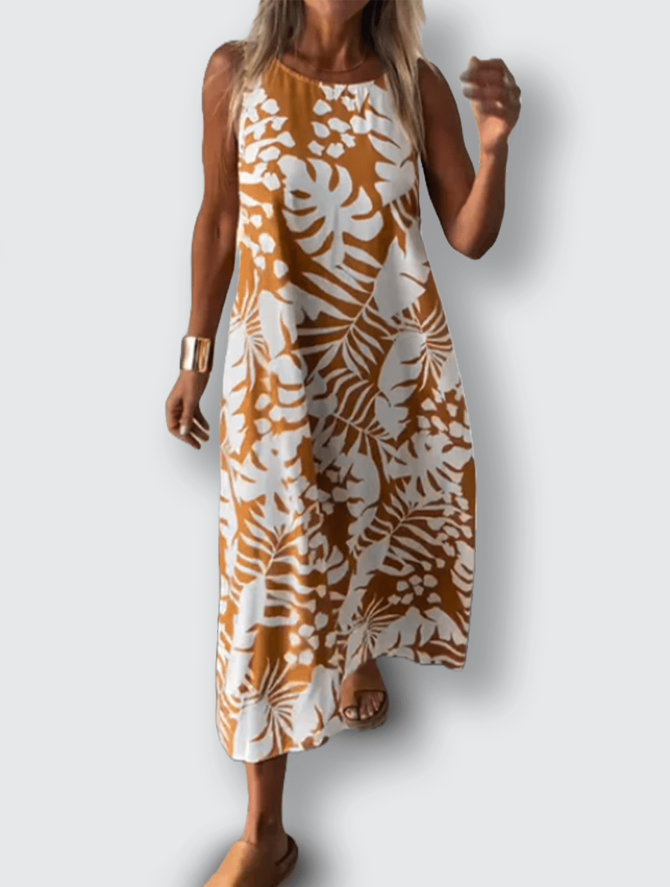 Anita - Ärmlös Sommarklänning med Tropiskt Bladmotiv