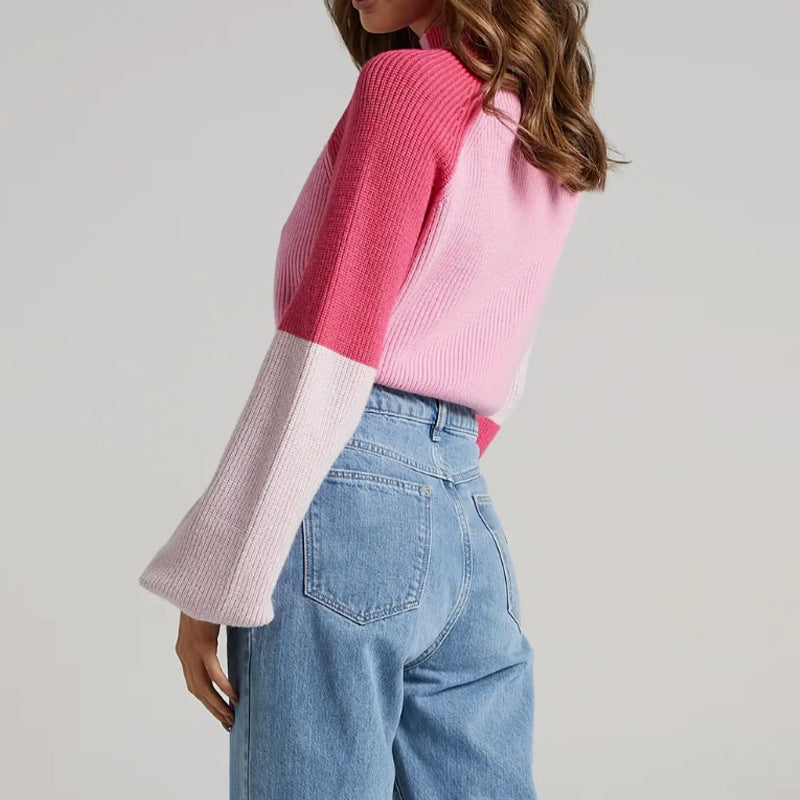 Kvinnors Pullovertröja – Oversized Passform – Ribbad Stickning – Mock Neck – Klockärmar