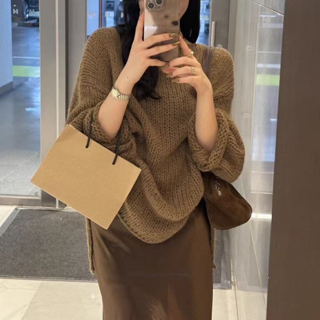 Kvinnors Oversized Tröja – Chunky Stickad – Off-Shoulder – Långärmad Casual Passform
