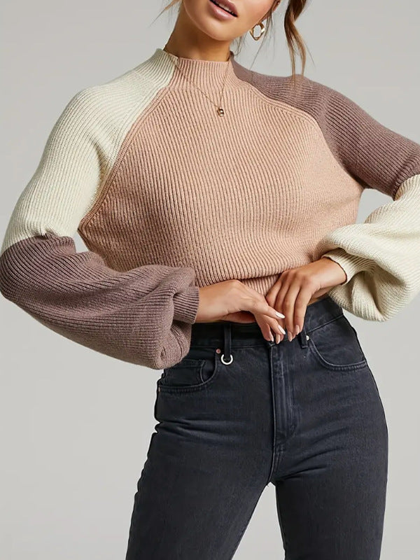 Kvinnors Pullovertröja – Oversized Passform – Ribbad Stickning – Mock Neck – Klockärmar