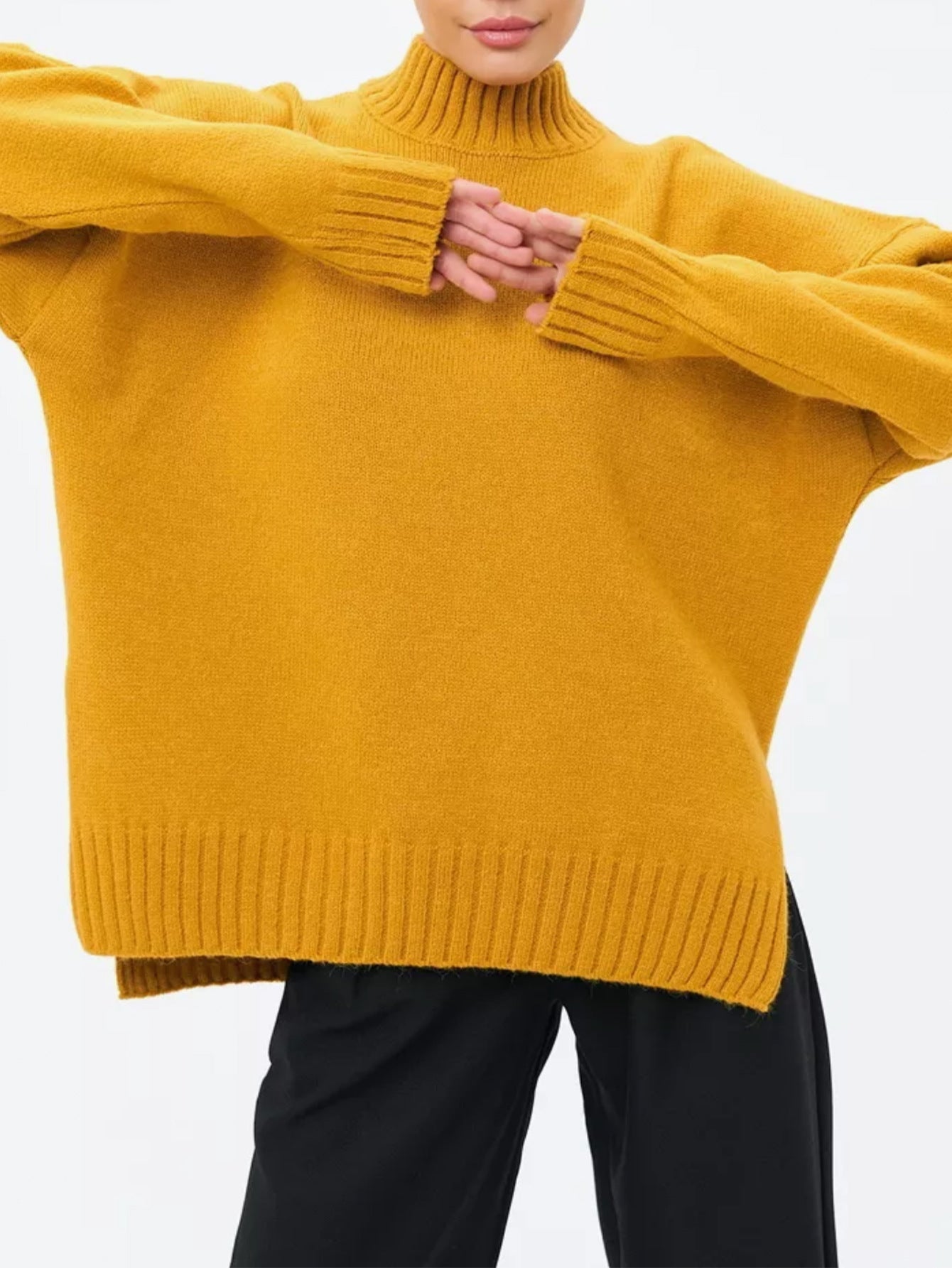 Kvinnors Pullover Tröja – Oversized Passform – Ribbad Stickning – Semi-Hög Hals – Sänkt Axelsöm