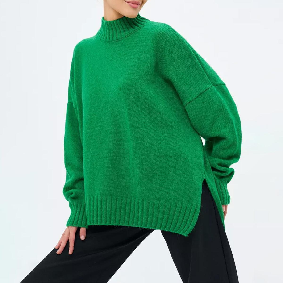 Kvinnors Pullover Tröja – Oversized Passform – Ribbad Stickning – Semi-Hög Hals – Sänkt Axelsöm