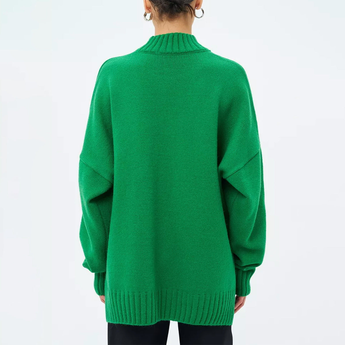 Kvinnors Pullover Tröja – Oversized Passform – Ribbad Stickning – Semi-Hög Hals – Sänkt Axelsöm