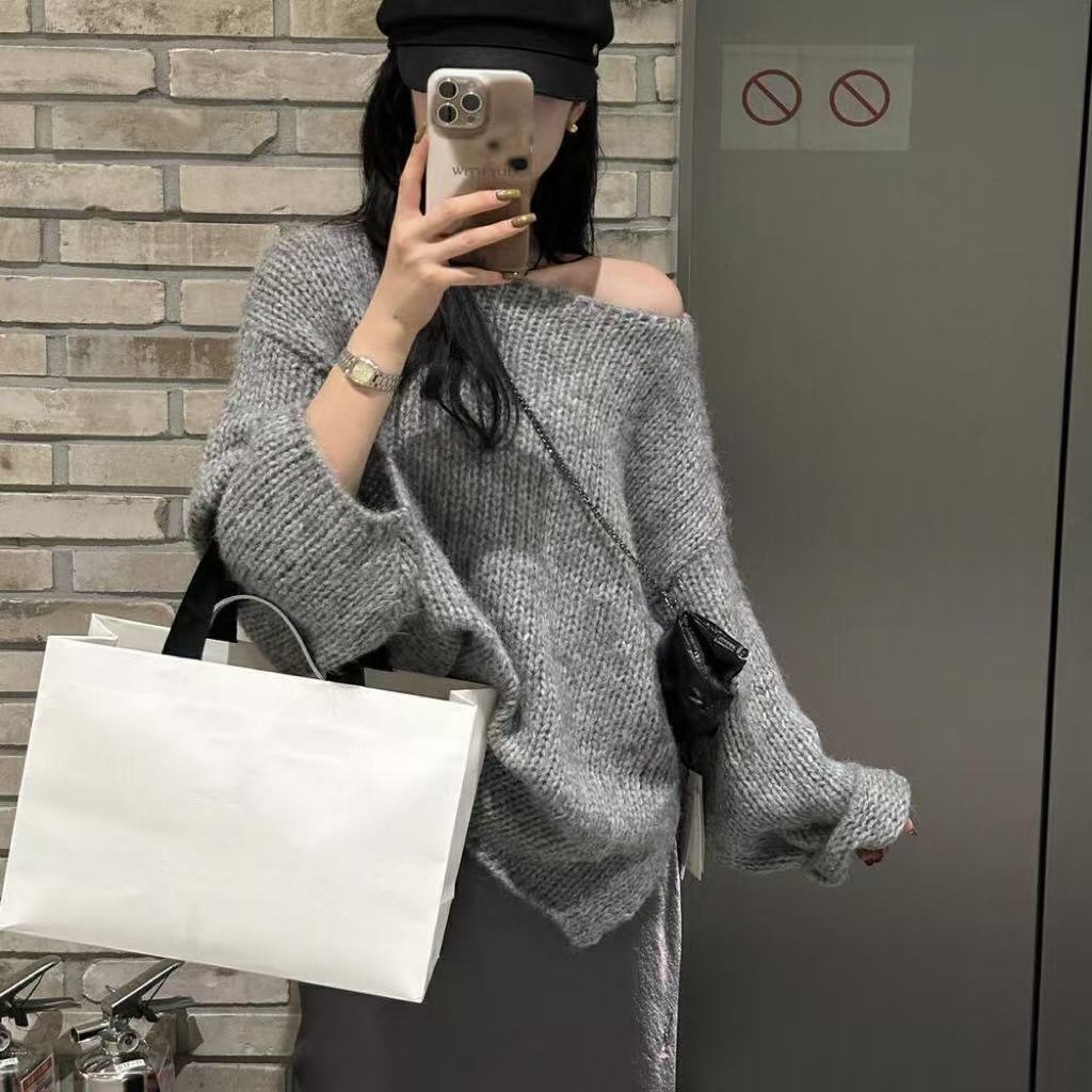 Kvinnors Oversized Tröja – Chunky Stickad – Off-Shoulder – Långärmad Casual Passform