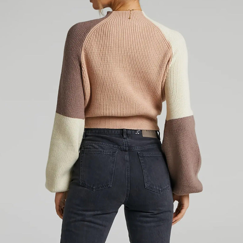 Kvinnors Pullovertröja – Oversized Passform – Ribbad Stickning – Mock Neck – Klockärmar