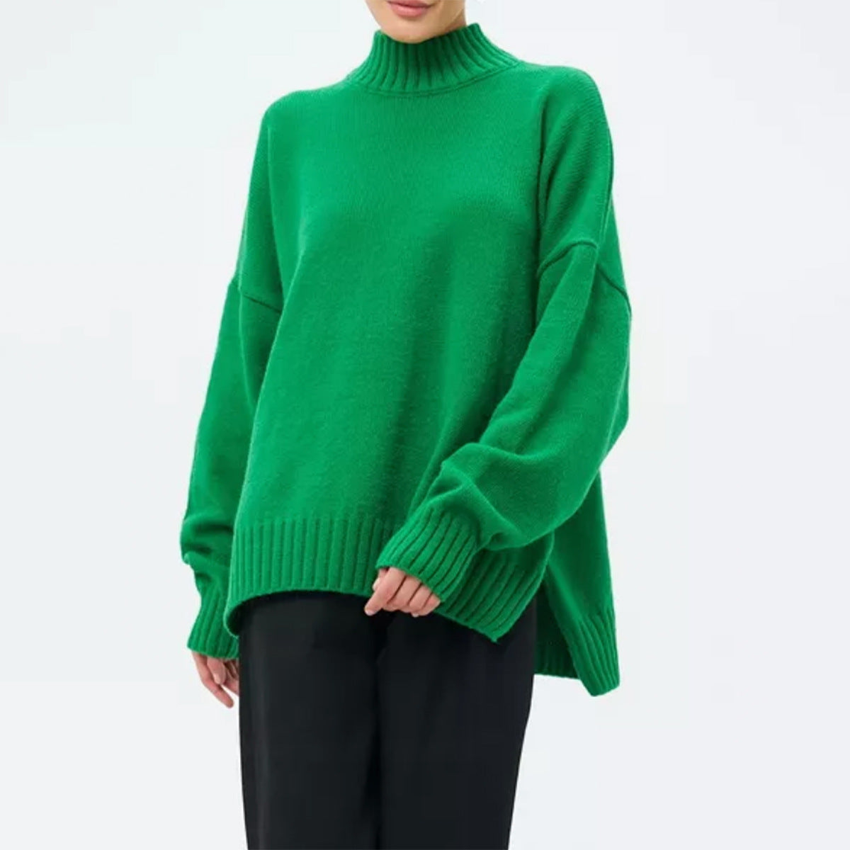 Kvinnors Pullover Tröja – Oversized Passform – Ribbad Stickning – Semi-Hög Hals – Sänkt Axelsöm