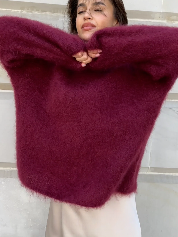 Kvinnors Pullover Tröja – Mohair Blandning – Oversized Passform – Lång Ärmar – Rund Hals