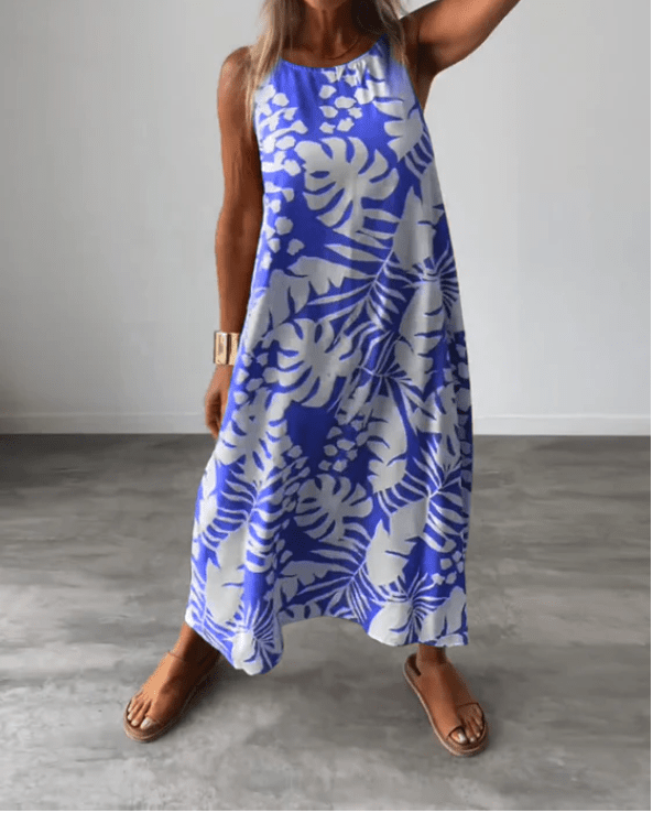 Anita - Ärmlös Sommarklänning med Tropiskt Bladmotiv