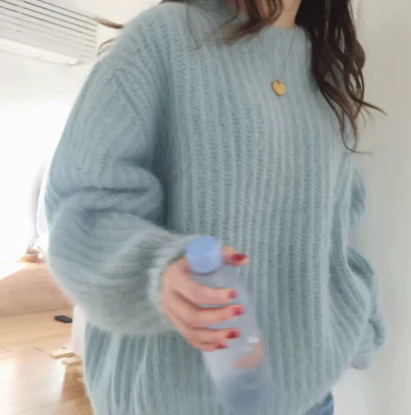 Dam Pullover Tröja – Mohair Blandning – Oversized Passform – Ribbad Stickning – Rund Hals
