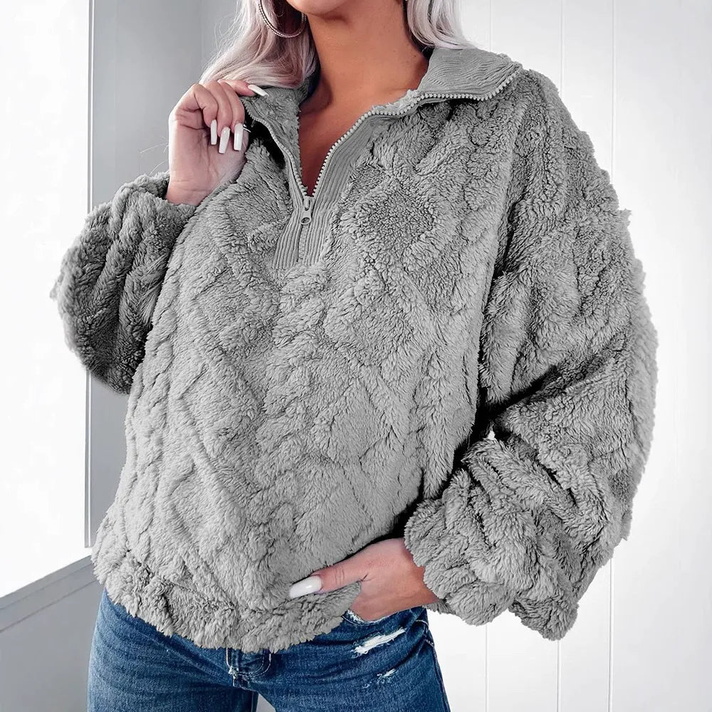 Kvinnors Pullover Tröja – Syntetpäls – Avslappnad Passform – Kviltad – Halv Dragkedja – Långa Ärmar