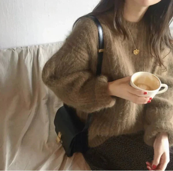Dam Pullover Tröja – Mohair Blandning – Oversized Passform – Ribbad Stickning – Rund Hals